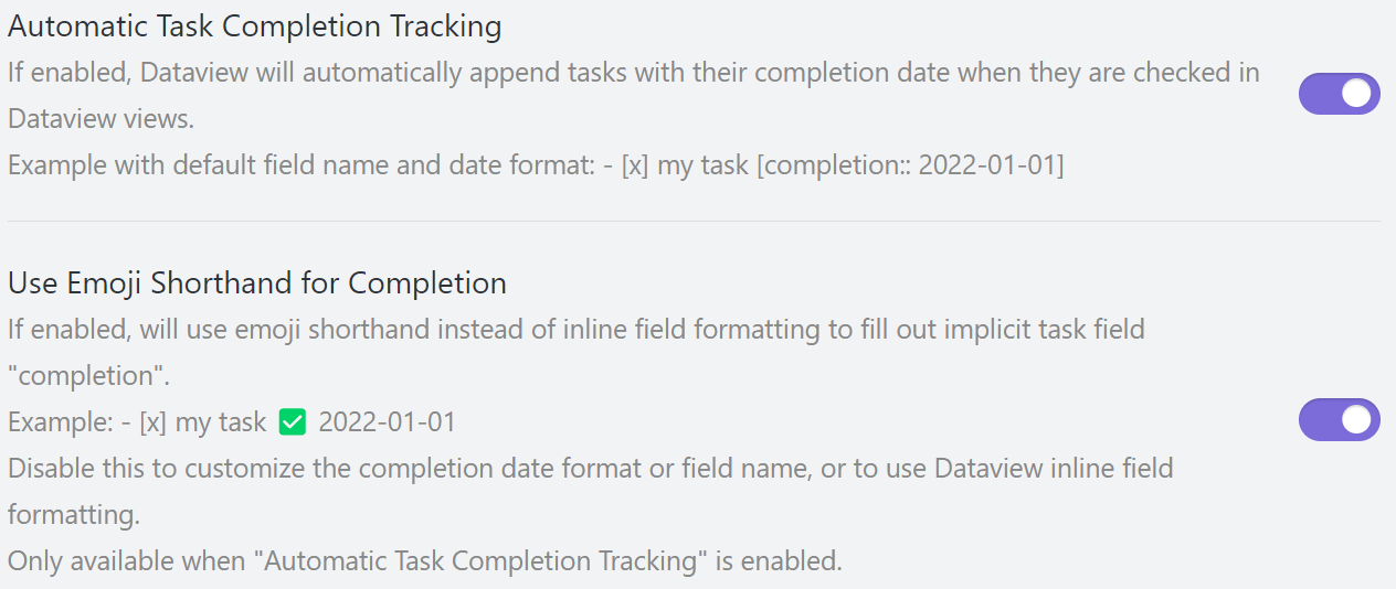 Dataview settings page with Tasks-style done dates enabled