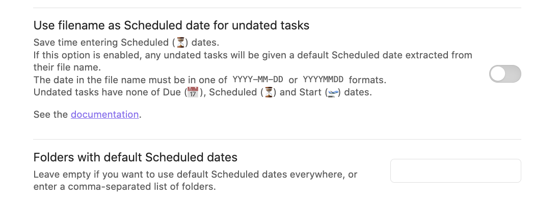 Use filename as Scheduled date for undated tasks settings